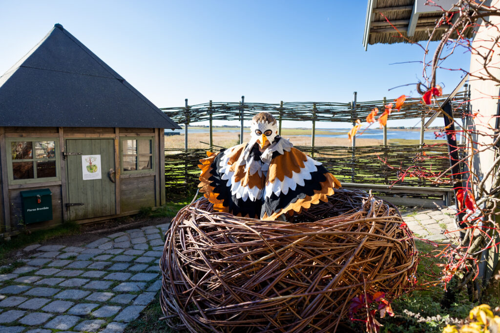 Barn utklädd till örn i örnboet vid Floras hus.