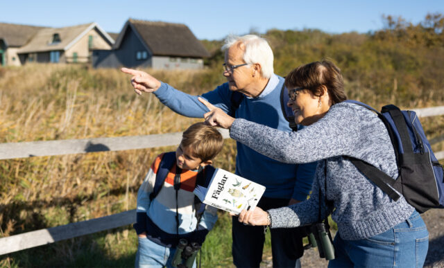 äldre man och kvinna med fågelbok visar pojke fåglar i natur